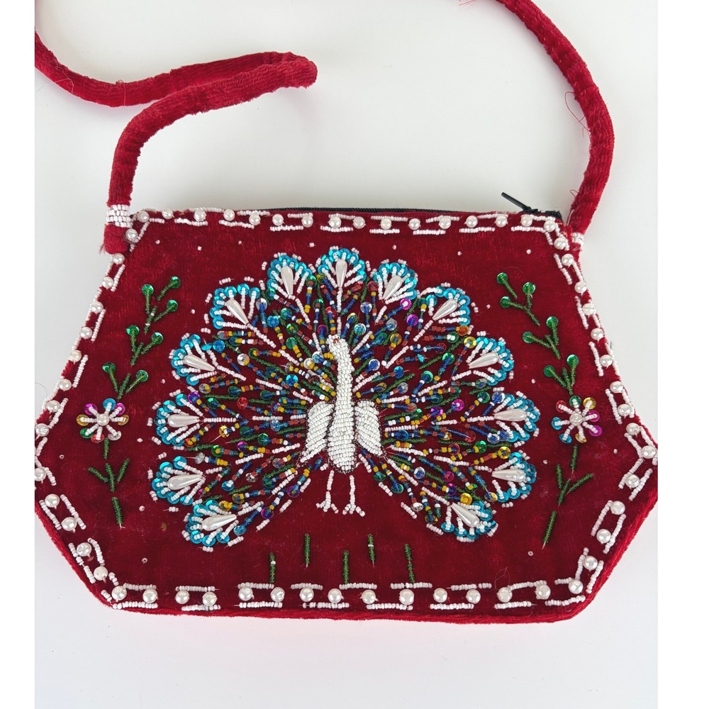 Red Velvet Peacock Beaded Shoulder Bag Hand Embellished Vintage Purse